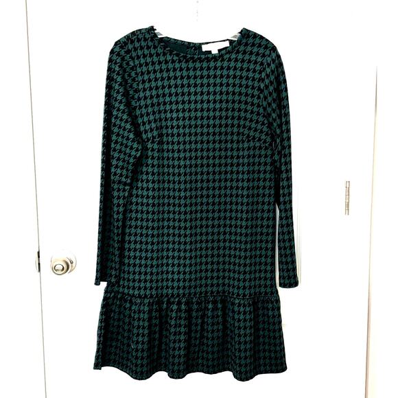 Loft Wms Small Green Black Houndstooth Flounce Hem Dress Academia Schoolgirl - Picture 9 of 9